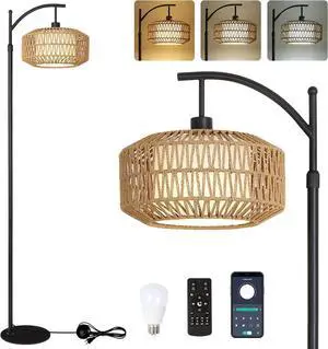 Arc Floor Lamps for Living Room, Dimmable Rattan Floor Lamp with Remote & LED Bulb, Mid Century Modern Standing Lamp with Double Shades, Boho Farmhouse Tall Pole Lamps for Bedroom Office