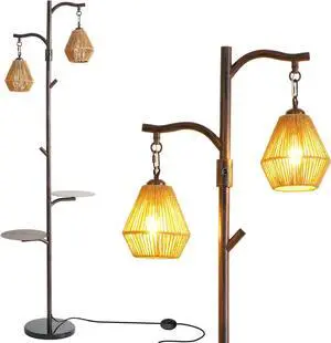 Hsyile Arc Floor Lamp with Cage Shade,Rattan&Fabric Boho Floor Lamps for Living Room Bedroom,Rust Color Industrial Dimmable Floor Light,Farmhouse Rustic Tall Lamp for Office Reading