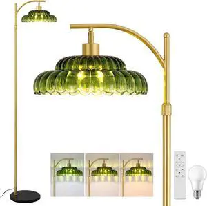 Gold Floor Lamp for Living Room, Modern Standing Lamp with Remote, Dimmable, 3CCT, Arc Tall Floor Lamp with Green Glass Lampshade for Bedroom Study Room Office (Bulb Included)