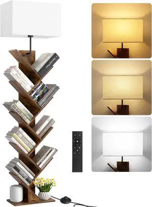9 Tier Tree Bookshelf with Light, Remote & Timer, Modern Tall Floor Standing Book Shelf, Narrow Wood Bookcase, Small Book Organizer Shelves for Living Room, Bedroom, Office (Rustic Brown)