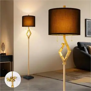 Scenekoy Sculptural 64.5 Floor Lamp for Living Room Bedroom, Gold Leaf Finish & Black Faux Silk Shade, Pull Chains Switch Standing Lamp, Brightness Adjustable Lamp with Bulb Prefer for Home Office