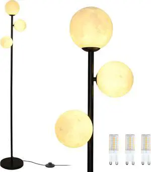 3 Globe Floor Lamps for Living Room, Black Standing Lamp with LED G9 Bulbs, Modern Floor Lamp with 3D Moon Printing Frosted Shades, Corner Tall Light for Bedroom, Stand Up Lamp for Office Kids Room