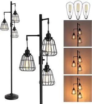 9MMML 68 Living Room Floor Lamp, Industrial Farmhouse 3 Teardrop Cage Standing Lamp,Black Tall Floor Lamp for Bedroom Office, 3 LED Edison Bulbs Included