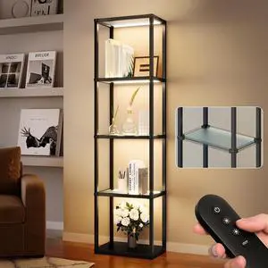 addlon Tall Display Shelf, Dimmable LED Lighted Shelves, Display Cabinet with Remote, Glass Curio Cabinet Bookcase with 3 Color Temperatures, Floor Lamp with Shelves for Living Room Decor