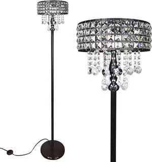 beaysyty Modern K9 Clear Glass Crystals Floor Lamp, Crystal & Glass 3-Lights Black Standing Light, Reading Corner Lamp for Living Room Bedroom