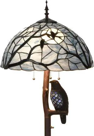 Bieye L10882 Ravens Sitting on Bare Tree Branch Against Full Moon Tiffany Style Stained Glass Floor Lamp with Raven Night Light Double Lit for Halloween Décor, 4-Light, 65 inches Tall (Dark Blue)