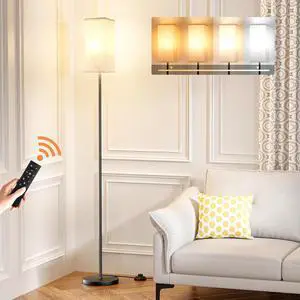Ambimall Floor Lamps for Living Room & Remote Control, 9W Stepless Dimmable Bulb, Foot Switch, 64'' Tall Standing Lamp, Beige Lampshade(Black)