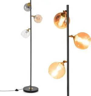 Tangkula Mid Century Floor Lamp, Modern Freestanding Lamp with 3 Glass Globe Lampshades, Weighted Base, Convenient Foot Switch, Standing Tree Lamp for Bedroom Living Room, E26 Bulb Base (Art Deco)