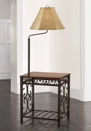 Regency Hill Travata Country Cottage Floor Lamp Standing with End Table 54" Tall Bronze Scrollwork Swing Arm Burlap Fabric Shade for Living Room Reading Bedroom Office House Home