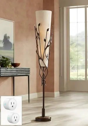 Franklin Iron Works Folia Industrial Rustic 66" Tall Floor Lamp Standing with Smart Socket Oil Rubbed Bronze Organic Vine Leaf Tapering Cone Linen Shade for Living Room Bedroom Office House