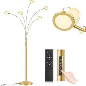 LED Arc Floor Lamp with Remote, 2250LM Dimmable Gold Floor Lamp with Timer, Adjustable Colors, Brightness & 5 Adjustable Arms, Multi-Head Tall Tree Standing Lamp for Living Room Bedroom Corner Office