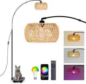 RGB Arc Floor Lamp with 3 Color Temperatures, Dimmable Rattan Boho Standing Lamp, APP and Remote Control, Modern Tall Lamp for Reading, Living Room, Bedroom, Office, Black