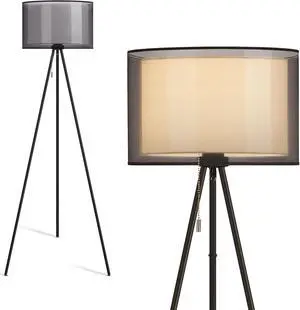KDG Modern Floor Lamp - Tall Tripod Lamp for Living Room, Bedroom, Office; Fabric Shade, LED Bulb, Warm Light (Black)