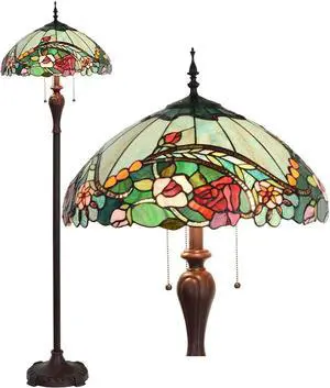 Bieye L10740 Rose Flower Tiffany Style Stained Glass Floor Lamp with 18-inch Wide Shade for Reading Working Bedroom, 3 Lights, 65 inch Tall