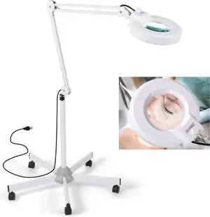 Magnifying Floor Lamp with 5 Wheels Rolling Base for Estheticians - 2,200 Lumens LED Dimmable Light with Magnifying Glass, 8-Diopter Lighted Magnifier for Reading, Crafts, Sewing, Close Work(5X)