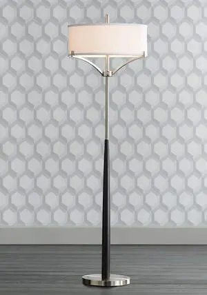 360 Lighting Avery Modern Shabby Chic Standing Floor Lamp 62" Tall Black Brushed Nickel Silver White Linen Fabric Drum Shade Decor for Living Room Reading House Bedroom Office