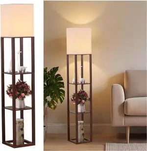 HomeFocus - Floor Lamp with Shelves, Shelf Floor Light with LED Bulb, Modern Wood Shelf Standing Lamp, Corner Display Floor Lamp for Living Room, Bedroom, Office, Linen White Shade, Wood, Brown.