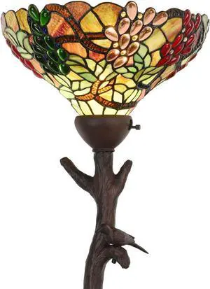 Bieye L10768 Grape Tiffany Style Stained Glass Torchiere Floor Lamp with 14 inches Lampshade, Bird on Branch Base, 70.5 inches Tall