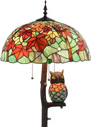 Bieye L10841 Maple Tree Leaves Tiffany Style Stained Glass Floor Lamp with 18 inches Wide Lampshade, Owl Side Lamp, 4-Light, 65 inches Tall