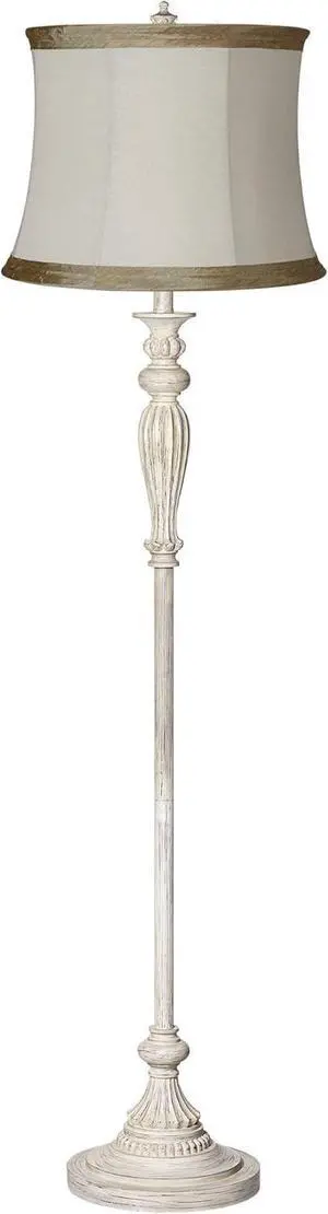 360 Lighting Vintage Chic Country Cottage Standing Floor Lamp 60" Tall Antique White Metal Pleated Ivory Taupe Linen Drum Shade Decor for Living Room Reading House Bedroom Office
