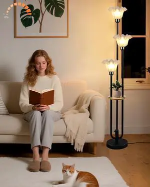 Lightdot Flower Floor Lamp for Living Room, Dimmable Vintage Floor Lamp with Shelf &3 LED Bulbs, 3 Light 3000K Soft Warmwhite Mid Century Black Standing Lamp, Floral Tall Lamp for Bedroom Office