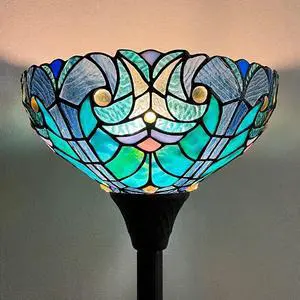 Tiffany Torchiere Floor Lamp,Stained Glass Lamp Shade,Vintage Antique Victorian Round Tiffany Style Standing Light for Living Room and Bedroom