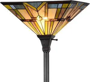 Tiffany Style Mission Floor Lamp Stained Glass Shade Torchiere Lamps, Vintage Uplight Standing Light Fixture for Living Room Bedroom Office, Multi-Colored