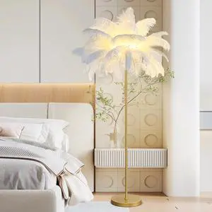 Feather Floor Lamp for Living Room,Standing Lamps Ostrich Feather for Bedroom,White Modern Office Lamps with LED Bulb 3 Color,160cm Tall Floor Light Dimmable with Foot Switch (White)