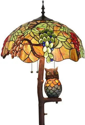 Bieye L10766 Grapes Tiffany Style Stained Glass Double-Lit Floor Lamp with Owl Night Light, 18" Wx65 H