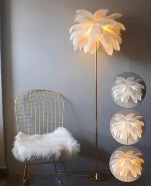 Natural Ostrich Feather Floor Lamp White, Simple Modern Living Room Bedroom Standing Lamp, Pink Girl Bedroom Lamp(Color:White)