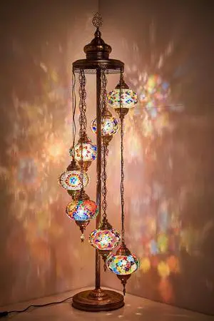 DEMMEX - 7 Large Globes Turkish Moroccan Mosaic Floor Lamp, Tiffany-Style Bohemian Standing Lamp, 5-Foot Tall, 7-Inch Handcrafted Globes, Boho Floor Lamp for Living Room, Bedroom, Office