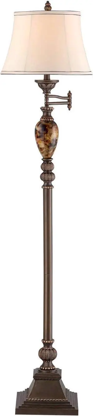 Kathy Ireland Mulholland Rustic Vintage Swing Arm Floor Lamp Standing 61" Tall Bronze Marble Font Ivory Faux Silk Drum Shade Decor for Living Room Reading House Bedroom Home Family Office
