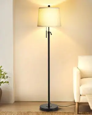 Floor Lamps for Living Room, Black Floor Lamp Adjustable Height Standing Lamp, Dimmable Modern Tall Floor Lamp for Bedroom Office with Beige Linen Shade, 8W 3000K Bulb Included