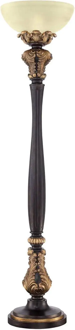 Barnes and Ivy Rita Traditional Victorian Torchiere Floor Lamp 75" Tall Carved Wood Amber Glass Shade Foot Dimmer Standing Light for Living Room Reading House Bedroom Home Office