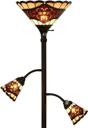 Bieye L10868 Tiffany Style Stained Glass 3-Light Torchiere Floor Lamp with Sidelights for Reading, 70-inches Tall (Baroque, Red)