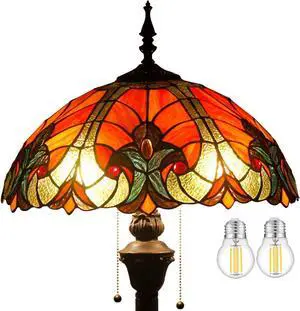 WERFACTORY Tiffany Floor Lamp Red Brown Liaison Stained Glass Standing Reading Light 16X16X64 Inches Antique Pole Corner Lamp Decor Bedroom Living Room Home Office S160R Series
