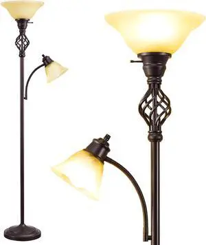 Torchiere Floor Lamp for Living Room, LED Standing Reading Light for Bedroom with Glass Shade for Living Room Corner Bedroom Home Office,Bulbs Included (Yellow Lampshade, Glass 2 Head)