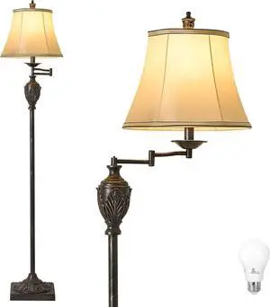 Traditional LED Floor Lamp with 350° Adjustable Swing Arm Lamp  Vintage Standing Pole lamp for Living Room, Bedroom and Office  Rustic Upright Floor Light for Home Décor with Faux Silk Fabric Shade