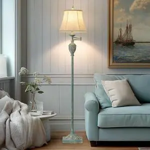 Traditional LED Floor Lamp with 350° Adjustable Swing Arm Lamp  Vintage Standing Pole lamp for Living Room, Bedroom and Office  Rustic Upright Floor Light for Home Décor with Faux Silk Fabric Shade