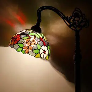 Tiffany Floor Lamp Stained Glass Green Purple Grape Arched Reading Light Gooseneck Adjustable Corner Standing Lamp 10X16X64 Inch for Bedroom Living Room Home Office