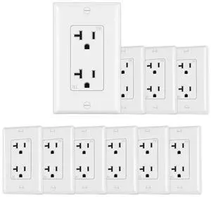 Micmi 20A Decorator Receptacle Outlet, Decorative Wall Socket Outlet, 20 Amp 125 Volt, Tamper Resistant, Grounding UL Listed White (20A Outlet with wallplates 10pack)