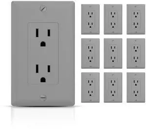 TOPELER Decorator Receptacle, 15Amp 125V Standard Electrical Wall Outlet with Wall Plate, 2 Pole 3 Wire, Non-Tamper Resistant, NEMA 5-15R, Self-Grounding Residential Grade, UL, Gray 10 Pack TOPELER Decorator Receptacle, 15Amp 125V Standard Electrical Wall Outlet with Wall Plate, 2 Pole 3 Wire, Non-Tamper Resistant, NEMA 5-15R, Self-Grounding Residential Grade, UL, Gray 10 Pack