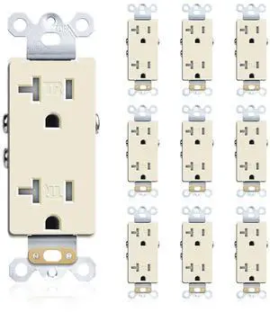 Duplex Receptacle Electrical Outlet, 20A Ivory Decorator Receptacle, Standard Residential Grade, Tamper-Resistant 2 Pole 3 Wire, Self-Grounding, Child Proof, Commercial Use, UL Listed, Ivory, 10 Pack