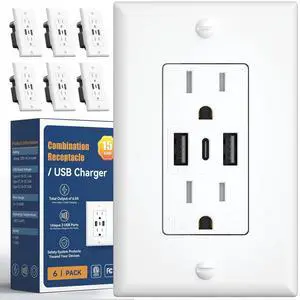 Amico 6.0A USB Outlet 6 Pack, 3-Port 30W Wall Outlets with 2 Type A & 1 Type C, 15 Amp Receptacle Plug, Tamper Resistant Receptacle, Wall Plate Included, ETL Listed, White