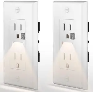 SOZULAMP LED Night Light Outlet-Easy to Install,Nightlight Electrical Outlets,Standard Duplex Receptacle,15A 125V,2 Pole 3 Wire,Self Grounding,Outlet Covers Included (Glossy White,2 Pack)
