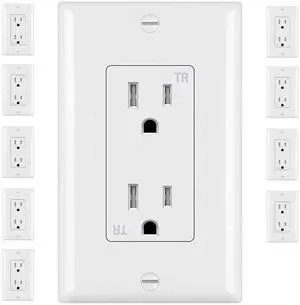 Standard Decorator Electrical Receptacle Outlet with Wall Plate Cover, Tamper Resistant(TR), Self-Grounding, UL Listed (10 Pack, White, 15A)
