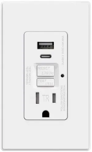 AIDA 15 Amp GFCI Outlet with USB Ports (USB-C & USB-A), Self-Test Tamper Resistant GFCI USB Outlet, 24W Max Output, Compact Design for Standard Electrical Box, UL Listed, Matte White (1 Pack)