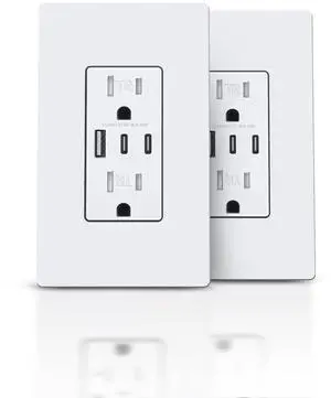 TOPELER USB Outlet Receptacle, 3-Port USB C Wall Outlet, 30W 6.0A USB Charging Power Outlet, 15 Amp Tamper-Resistant Receptacle, ETL & FCC Listed, Screwless Wall Plate Included, White, 2 Pack