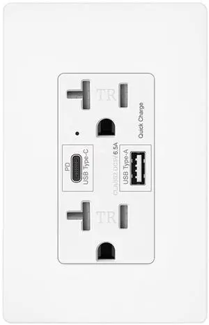 Micmi USB C + A Outlet PD 65W GaN + Power Delivery Receptacle 6.5A with Type A and Type C Ports, 125 Volt Tamper-Resistant for USB-C Cellphone W/Wallplate UL Listed (1Pack, White, 20Amp 65W USB C+A)