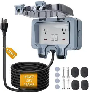 STARELO Outdoor Power Outlet with 20FT Extension Cord, IP66 Waterproof Outdoor Wall Power Socket with Cover, 125V 15Amp 2-Gang Switched Wall Plug Socket Box with Switch On-Off and LED Indicator